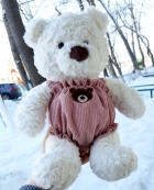 Медведь кучерявый в комбинезоне 35 см.