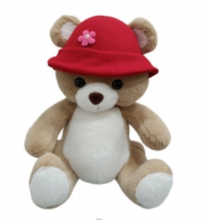 Мягкий Медведь бежевый в красной шапке 33 см.